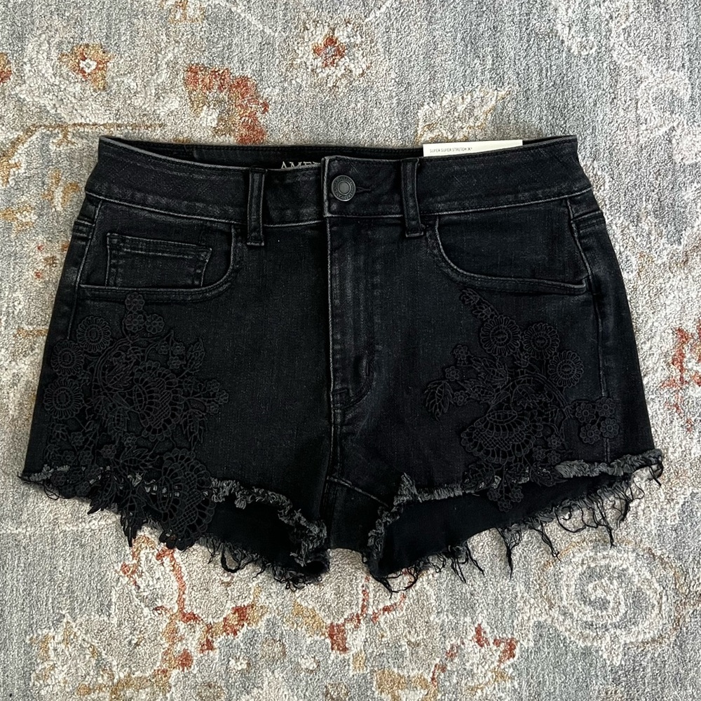 American Eagle Outfitters Women's Black Jean Shorts w/ Embroidered Details